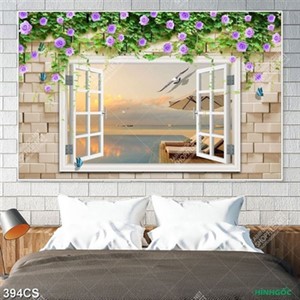 Tranh 3D hoa bên khung cửa sổ in uv