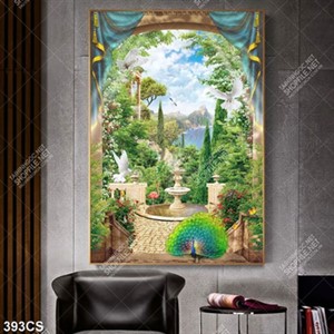 Tranh cánh cửa nhìn ra khu rừng có rèm che in kính