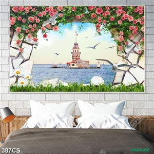 Tranh khung cổng đá và hoa đẹp dán tường in kính