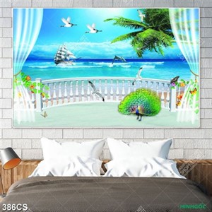 Tranh ban công và chiếc thuyền trên biển xanh