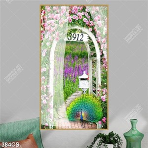 Tranh khung cửa hoa hồng và chim công khổ dọc in kính