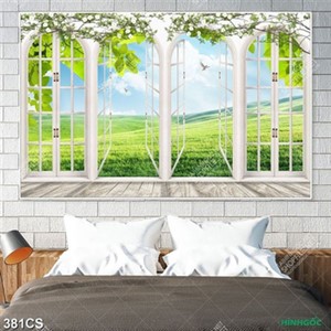 Tranh cửa sổ hướng ra cánh đồng cỏ xanh chất lượng cao