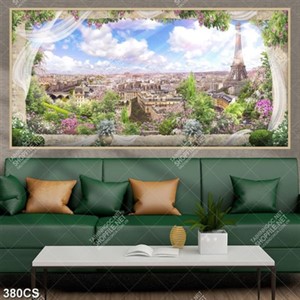 Tranh dán tường cảnh ban công nhìn ra tháp Eiffel và toàn thành phố