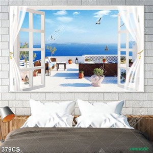 Tranh decor tường ban công hướng ra biển in kính