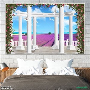 Tranh ban công bên cánh đồng hoa oải hương trang trí phòng khách