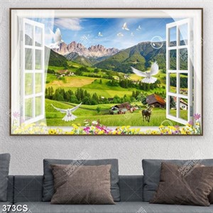 Tranh cửa sổ nhìn ra thung lũng và ngôi làng trang trí tường