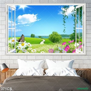 Tranh cửa sổ cánh đồng xanh mát chất lượng cao decor tường