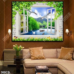 Tranh cửa sổ và hồ nước khổ ngang in kính