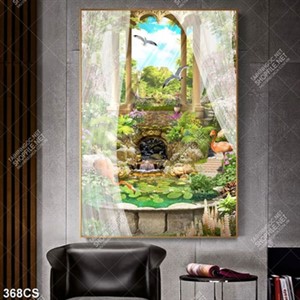 Tranh trang trí phòng khách ban công và cây xanh khổ dọc file gốc