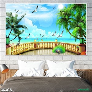 Tranh ban công bên bờ biển in kính