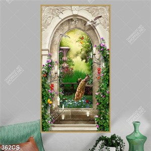 Tranh hoa và chim trong cánh cổng trang trí tường in uv