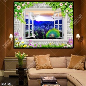 Tranh 3D khung cửa sổ bên vườn hoa tím chất lượng cao