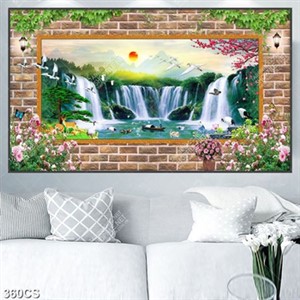 Tranh 3D cửa sổ và thác nước phong thủy decor tường