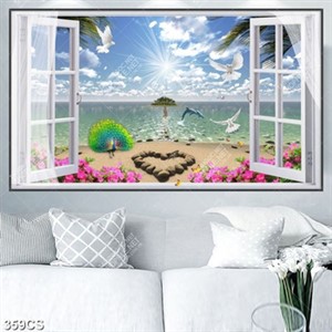 Tranh trang trí phòng khách cửa sổ và chim công bên bờ biển