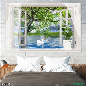 Tranh cửa sổ bên hồ nước và thiên nga trắng đẹp in kính