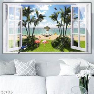 Tranh chim hạc hồng bên ô cửa sổ và bờ biển file gốc