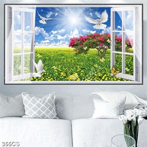 Tranh cửa sổ và cánh đồng hoa vàng đẹp nhất in uv