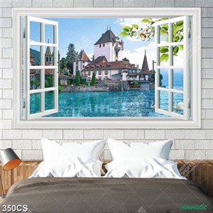 Tranh cửa sổ hướng ra ngôi nhà phong cách tây âu decor tường