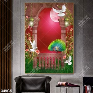 Tranh 3D khung cửa bên ánh trăng và chim chất lượng cao