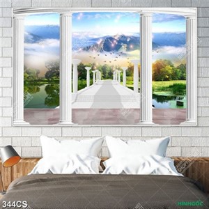 Tranh dán tường cánh cổng trắng hướng lên ngọn núi phủ mây mờ