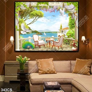 Tranh ban công hướng ra biển đẹp hiên đại in uv