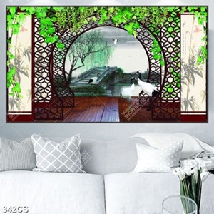 Tranh 3D phong thủy trang trí tường khung cửa gỗ nghệ thuật