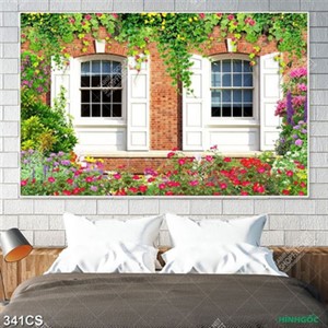Tranh trang trí tường vườn hoa bên ô cửa sổ trắng file gốc