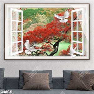 Tranh gắn tường khung cửa sổ bên cây lá đỏ chất lượng cao