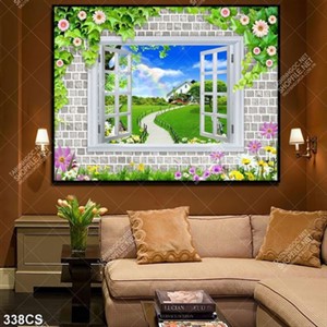 Tranh 3D gắn tường cửa sổ và con đường dẫn vào ngôi nhà đẹp nhất