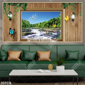 Tranh 3D trang trí phòng khách khung cửa sổ và dòng nước in kính