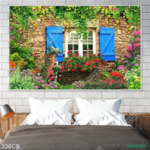 Tranh trang trí phòng hoa nhiều màu sắc bên khung cửa sổ mà xanh