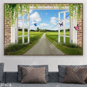 Tranh 3D khung cửa dẫn vào cánh đồng lúa xanh mướt in uv