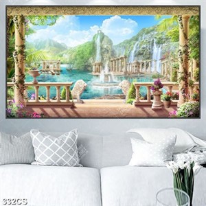 Tranh ban công bên con thác nhỏ chảy trên đồi file gốc