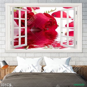 Tranh 3D dán tường hoa hồng bên khung cửa sổ