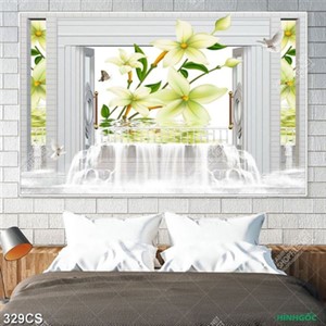 Tranh 3D hoa bên khung của sổ chất lượng cao