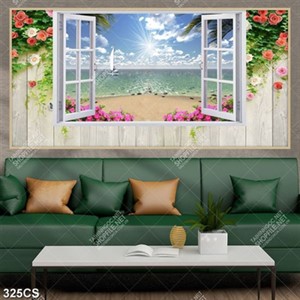 Tranh 3D cửa sổ bên bãi biển decor tường