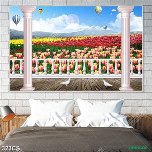 Tranh 3D ban công bên vườn hoa trang trí tường