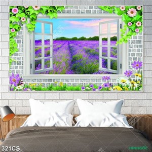 Tranh 3D khung cửa đầy hoa bên cánh đồng ỏi hương in kinh