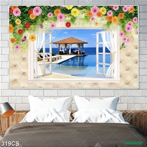 Tranh 3D khung cửa sổ và biển decor phòng khách