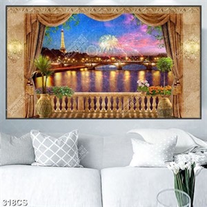 Tranh ban công bên dòng sông về đêm in uv