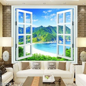 Tranh gắn tường cửa sổ bên sông núi file gốc