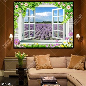 Tranh decor tường khung cửa sổ bên vườn hoa oải hương file gốc