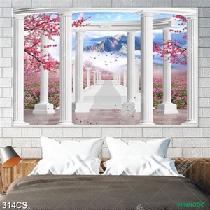 Tranh cánh cổng trắng bên vườn hoa đào chất lượng cao