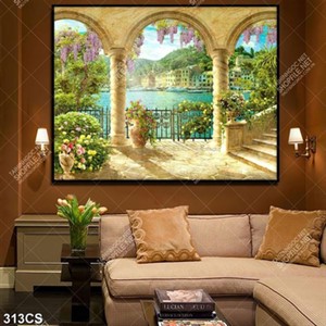 Tranh ban công hướng ra dòng sông bên thành phố in kính