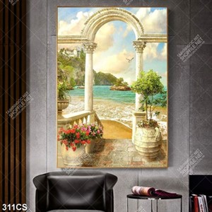 Tranh dán tường khung cửa bên bãi biển file psd