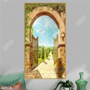 Tranh cổng lớn dẫn vào đồi núi xanh mát in uv