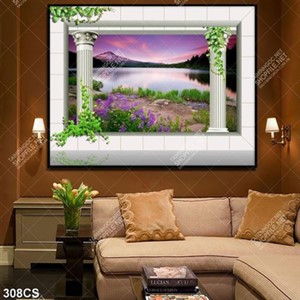Tranh 3D khung cửa và hoàng hôn tím trên hồ nước