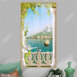 Tranh ban công và thành phố bên dòng sông chất lượng cao