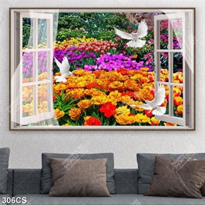 Tranh dán tường cửa sổ bên chim và hoa nở rộ file gốc