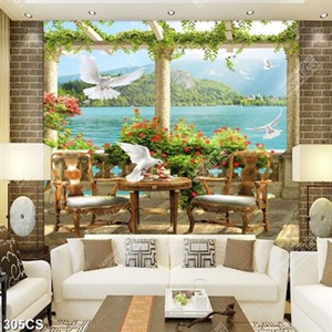 Tranh ban công phủ đầy hoa bên dòng sông đẹp nhất in kính